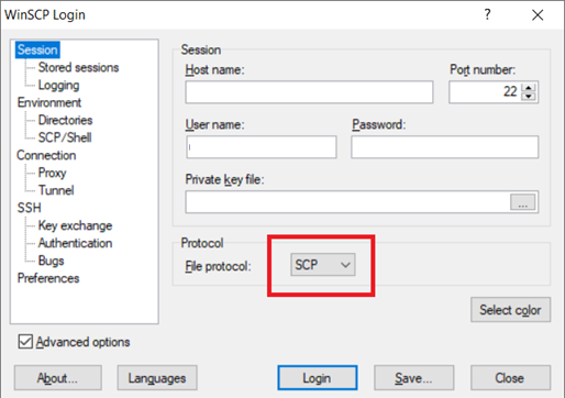 Выбираем File protocol SCP  